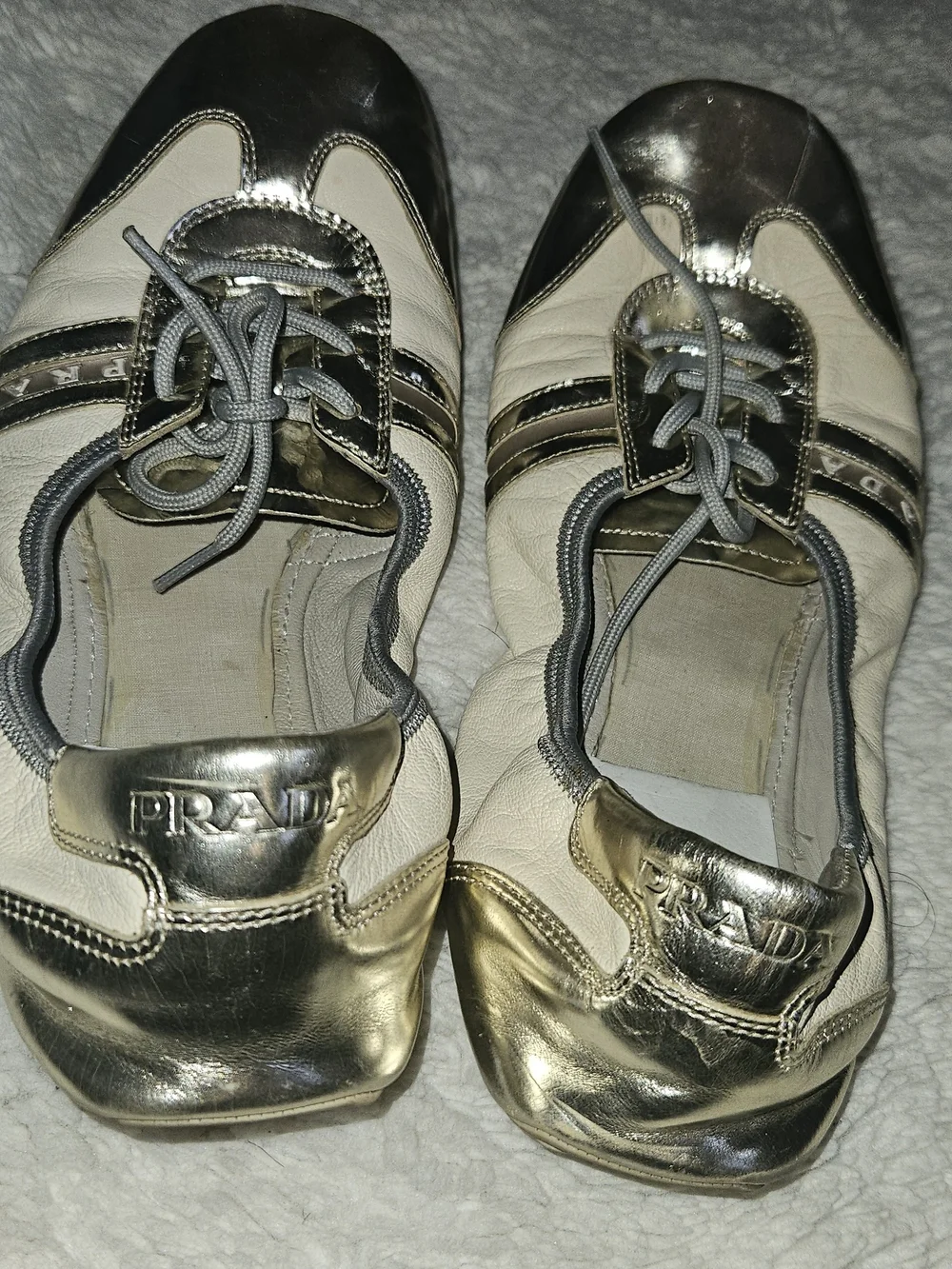 Prada Metallic Silver and Cream Lace-Up Sneakers - Picture 4 of 4